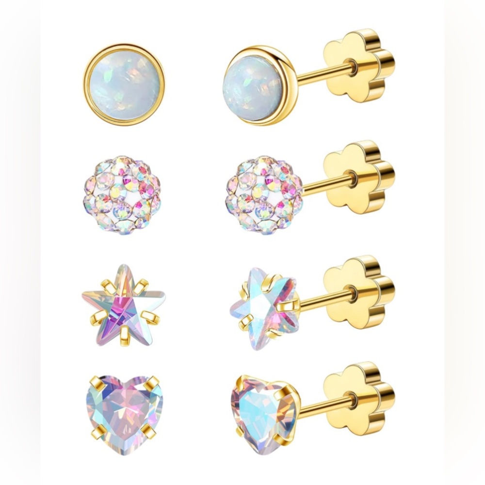 4Pairs Hypoallergenic Flat Back Earrings for Women 14K Gold Cartilage Earring